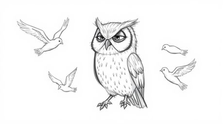 A heartwarming hand-drawn sketch in Pixar style depicts a wise, blind owl with a serene expression, patiently teaching birds 