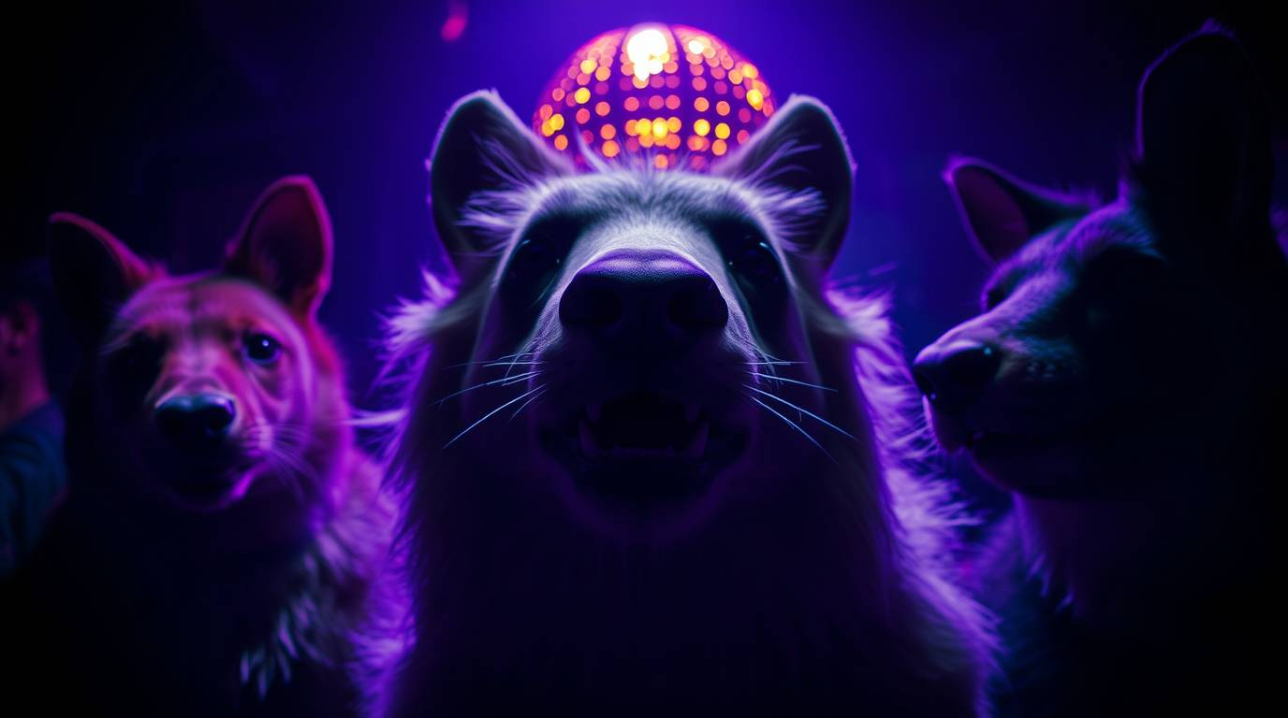 Immerse yourself in a captivating close-up of an animal disco party.  Experience the vibrant energy of the scene, highlighted