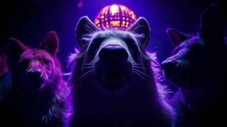 Immerse yourself in a captivating close-up of an animal disco party.  Experience the vibrant energy of the scene, highlighted