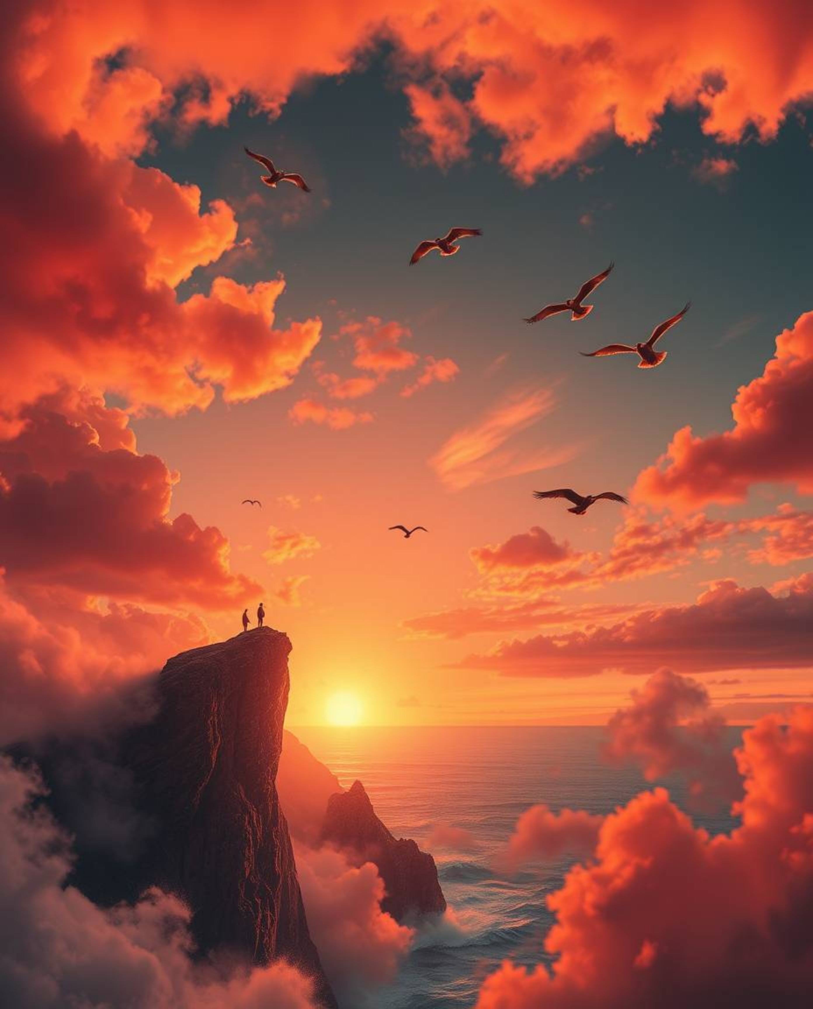 This is a dreamlike and surreal depiction of a sunset over a coastal cliff, complete with soaring birds. The scene is painted