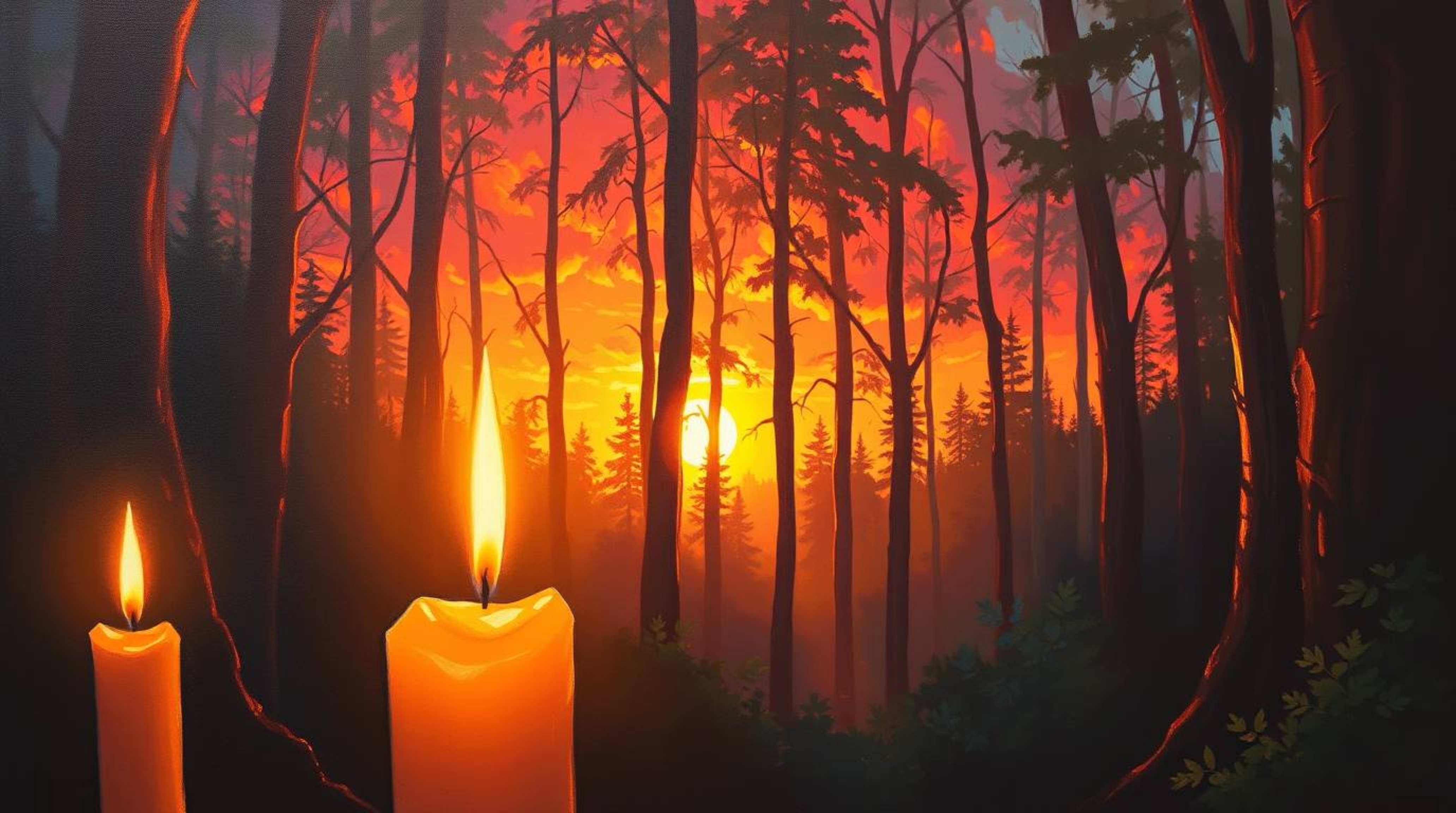 An evocative oil painting captures the warm glow of candlelight and the iridescent colors of a sunset filtering through a den