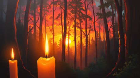 An evocative oil painting captures the warm glow of candlelight and the iridescent colors of a sunset filtering through a den