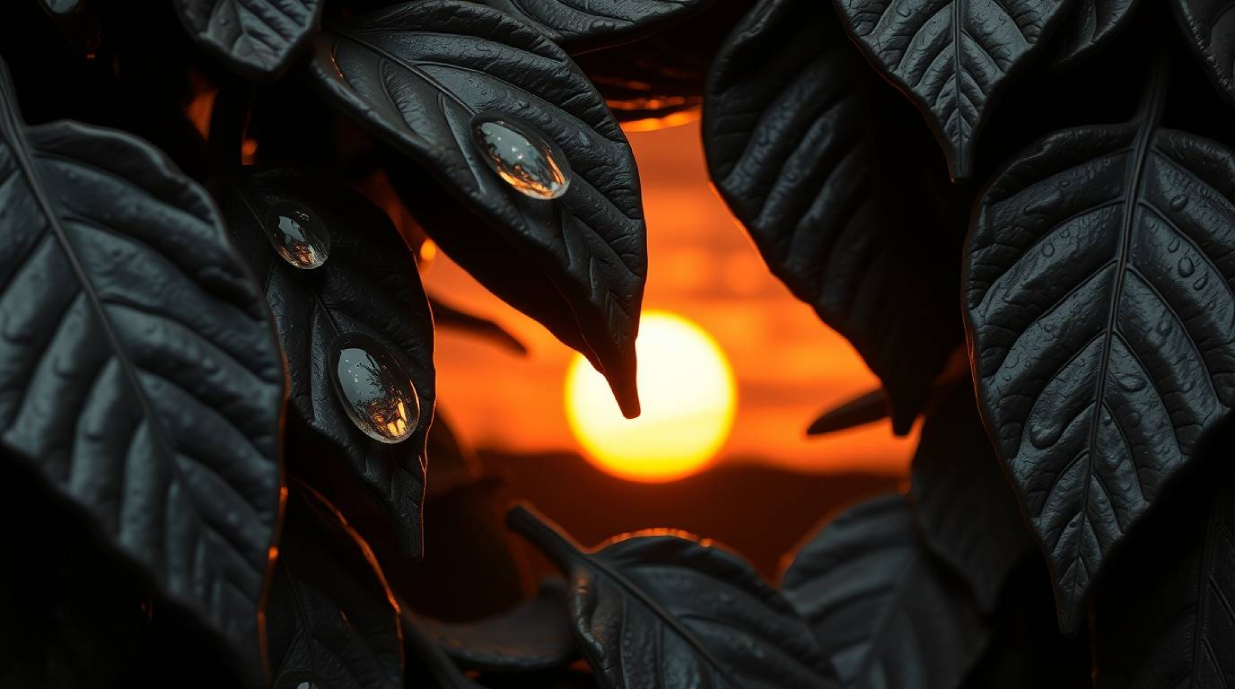 Explore stunning sculptural clay art depicting a vibrant sunset reflected in delicate raindrops on leaves. The piece features