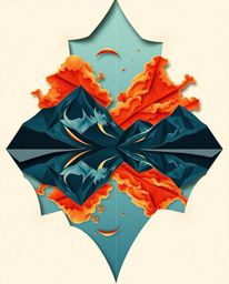 An intricate, origami-style illustration beautifully captures the reflections of fiery clouds in a mountain lake. This piece 