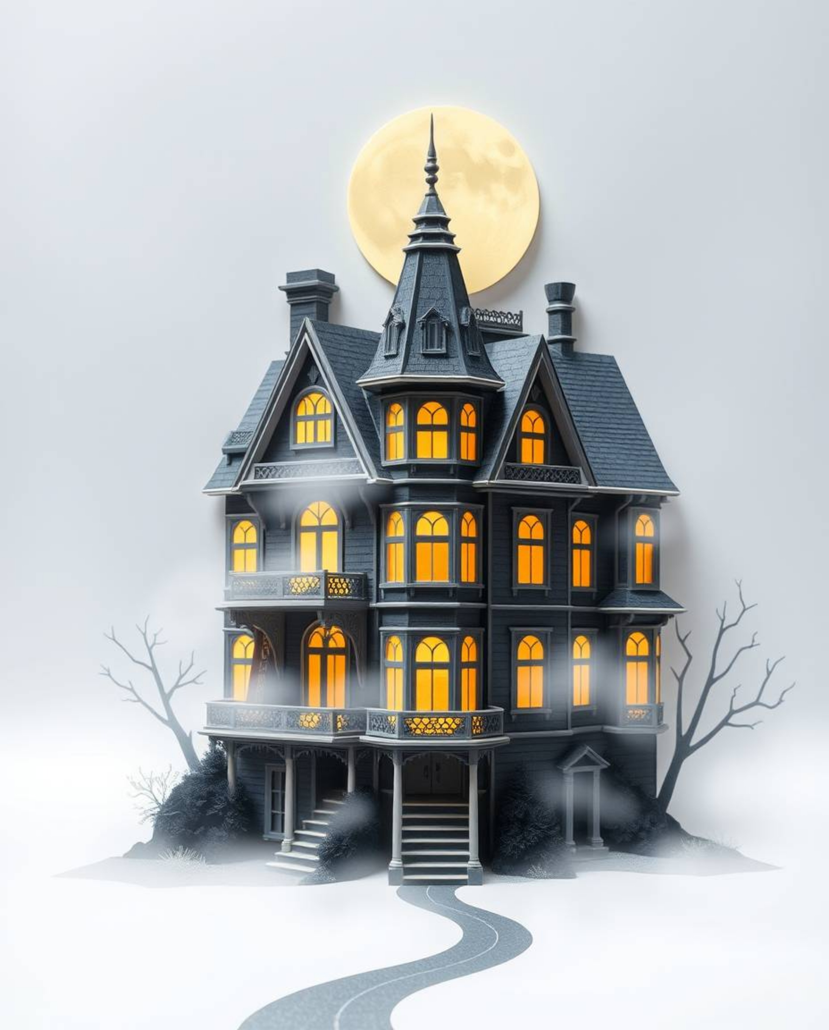 This intricate origami-style illustration depicts a fog-covered Victorian mansion bathed in the ethereal glow of moonlight. T