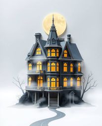 This intricate origami-style illustration depicts a fog-covered Victorian mansion bathed in the ethereal glow of moonlight. T
