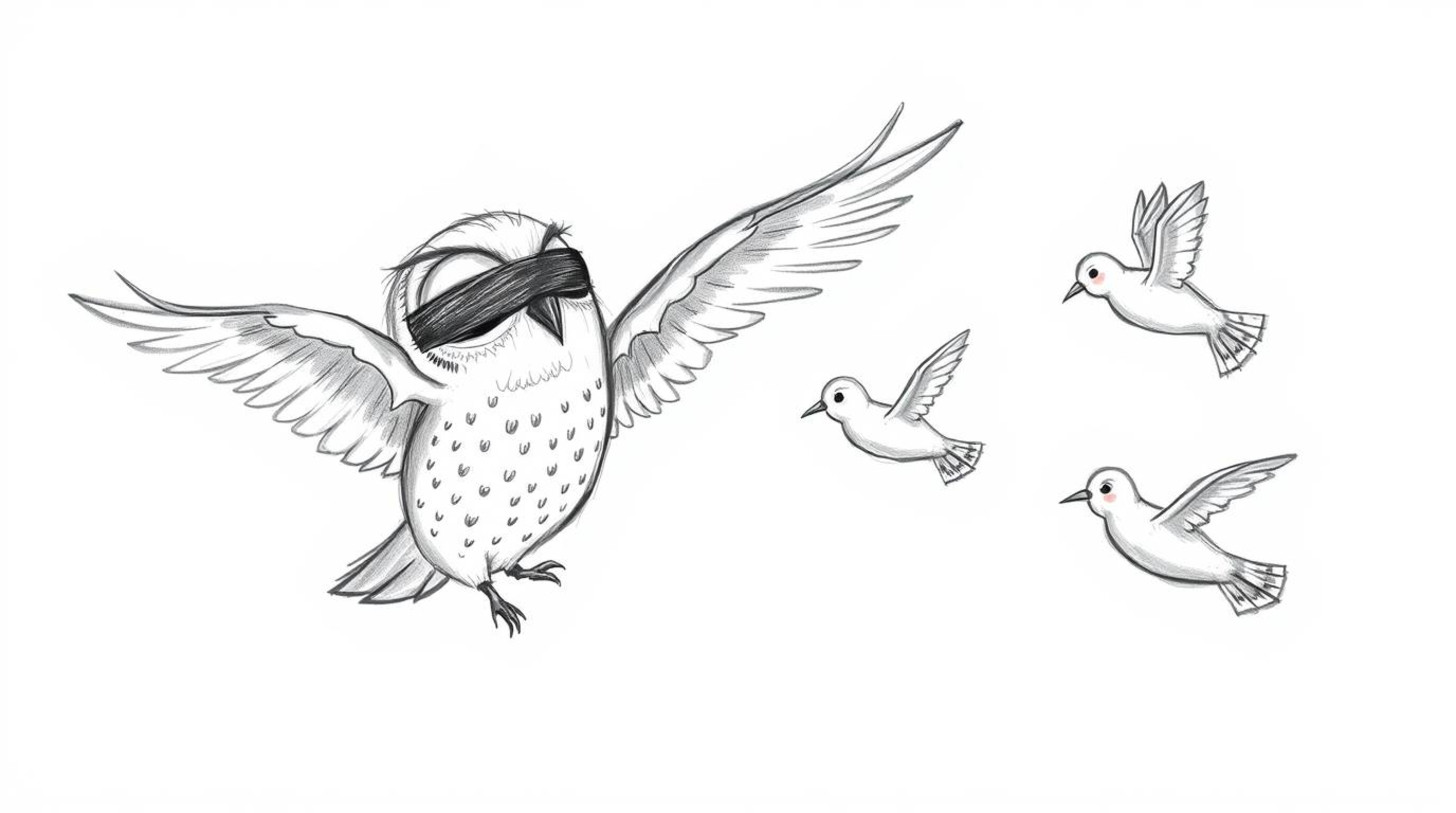 A heartwarming hand-drawn sketch in the style of Pixar depicts a gentle, blind owl patiently teaching a group of birds to fly