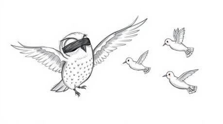 A heartwarming hand-drawn sketch in the style of Pixar depicts a gentle, blind owl patiently teaching a group of birds to fly