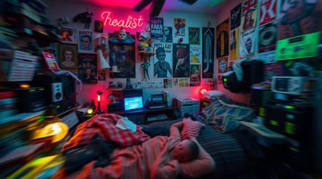Explore a vibrant and chaotic bedroom scene filled with strange gadgets, eye-catching posters, and a dynamic sense of motion.