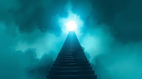 A captivating digital sketch depicts a winding stairway of smoke and light ascending into a misty sky.  This dramatic, cool-t