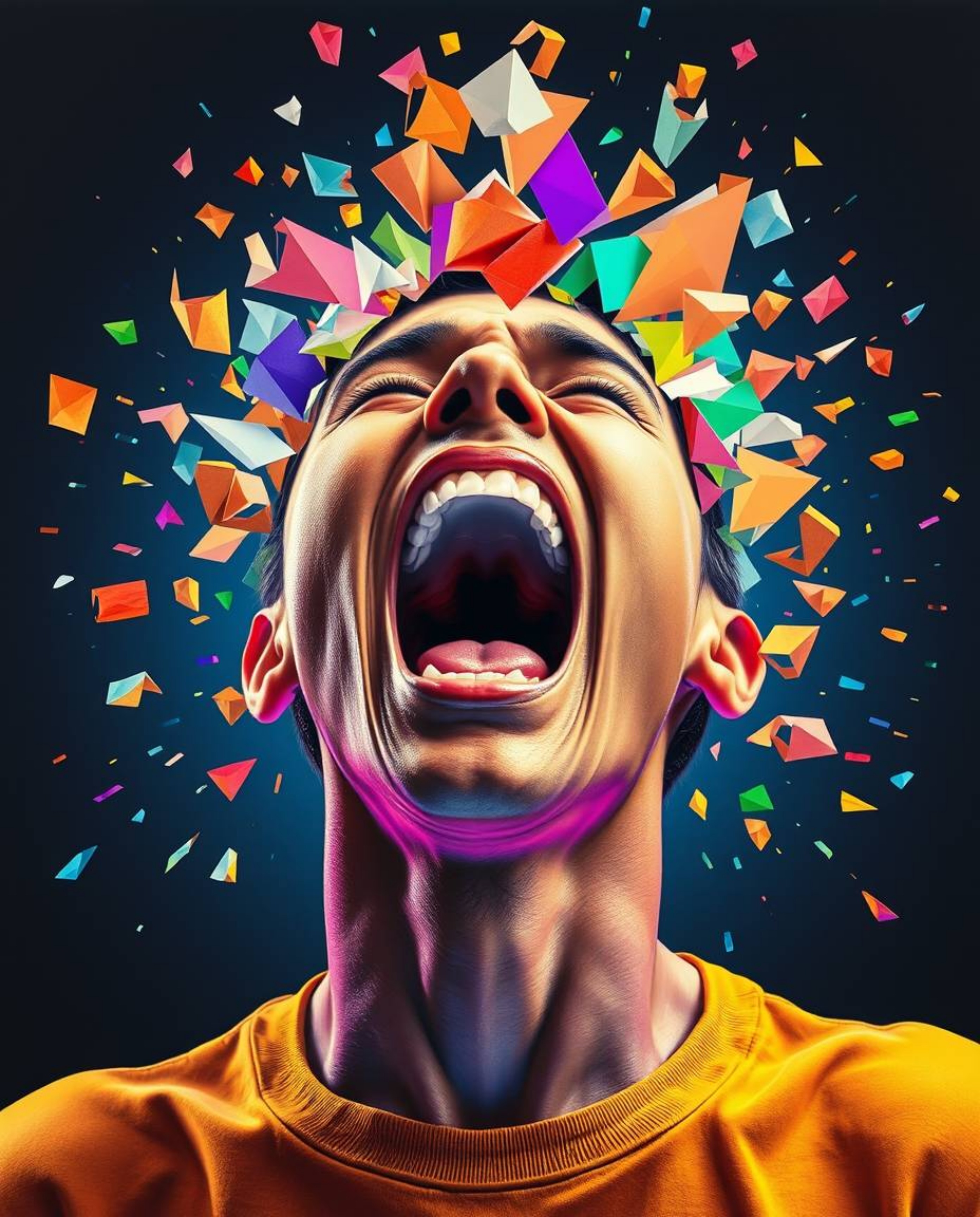 A captivating image depicting a person screaming as their reality fractures into a stunning display of bright, vibrant pixel 