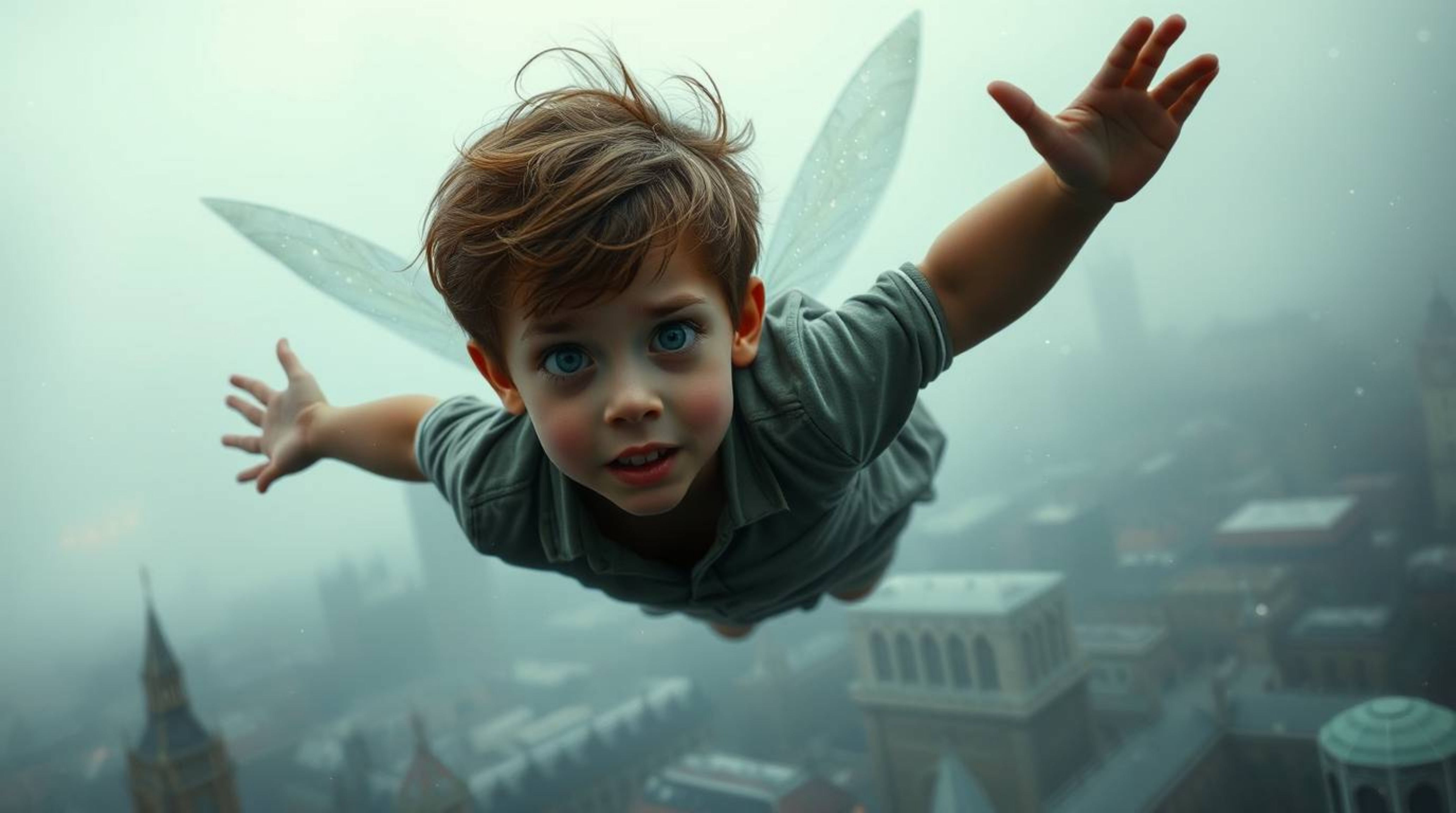 A young boy with tousled brown hair soars above a fog-shrouded London, propelled by sparkling pixie dust.  The scene is dark 