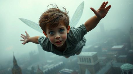 A young boy with tousled brown hair soars above a fog-shrouded London, propelled by sparkling pixie dust. The scene is dark