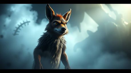 Witness a grand and epic scene featuring a sarcastic animal sidekick with captivating, expressive eyes, standing heroically a