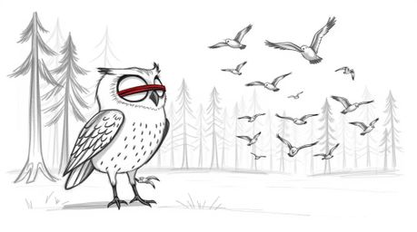 A heartwarming hand-drawn sketch in the style of Pixar depicts a blind owl with soft features patiently teaching a flock of b
