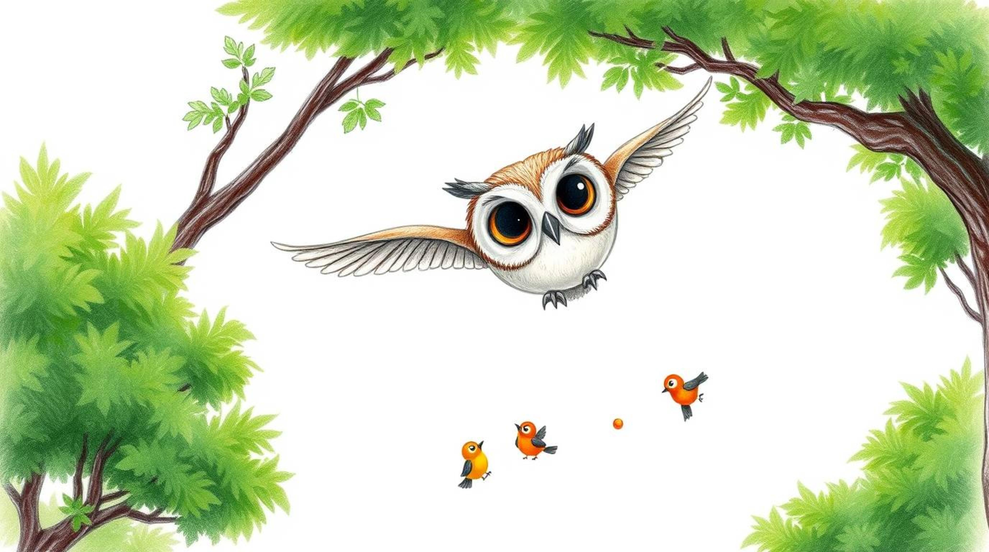 A heartwarming hand-drawn sketch in the style of Pixar, depicting a blind owl with gentle eyes patiently teaching small, colo
