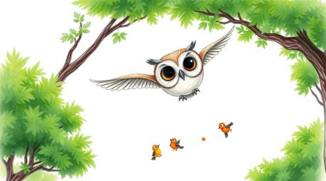 A heartwarming hand-drawn sketch in the style of Pixar, depicting a blind owl with gentle eyes patiently teaching small, colo