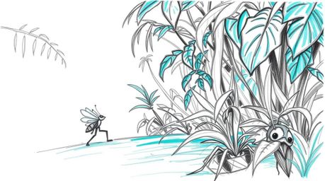 Embark on a miniature adventure with a bug-sized hero exploring a vibrant and luxurious backyard jungle, rendered in a captiv