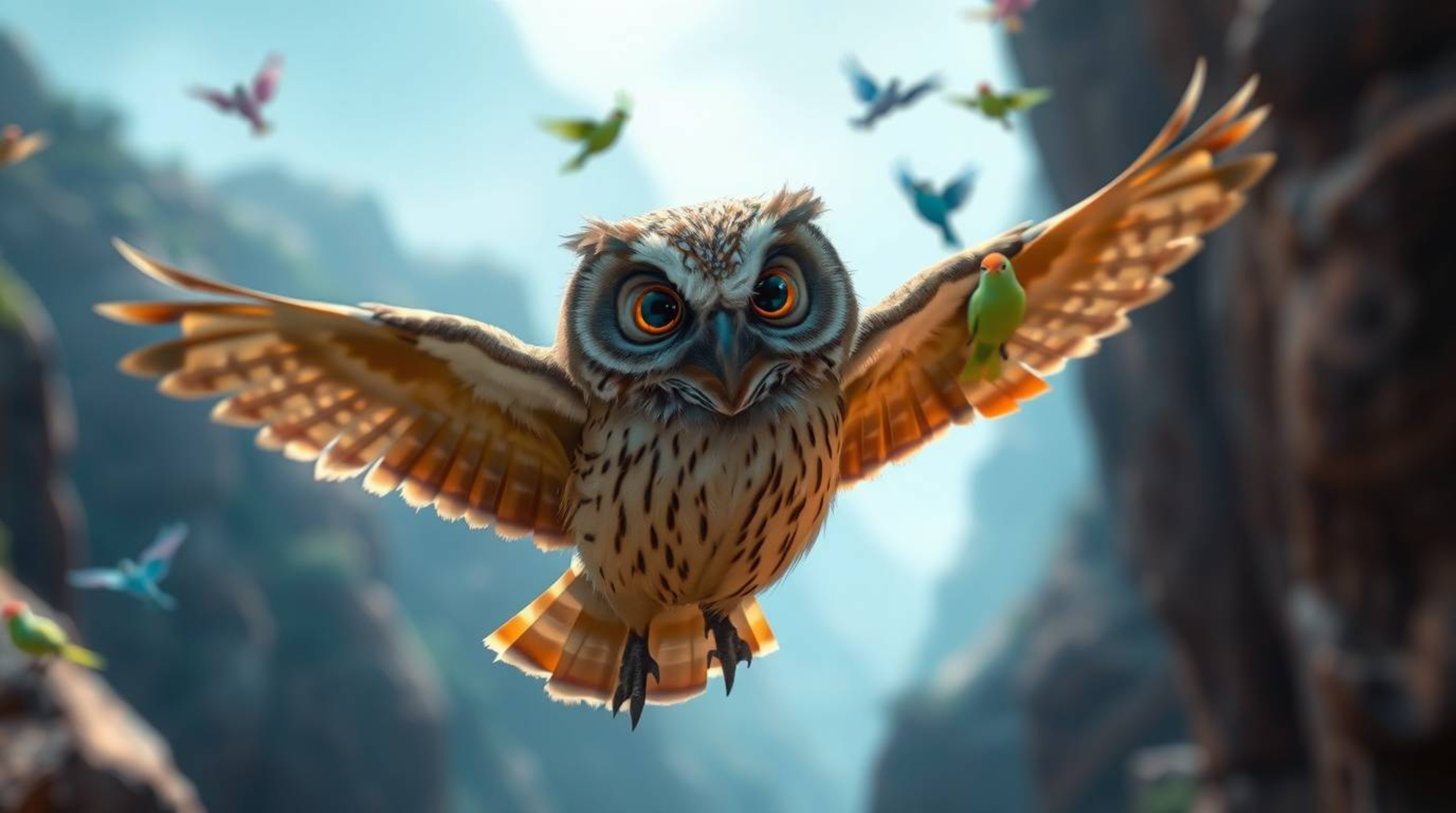 This mystical and joyful long-exposure photograph captures a wise, blind owl with soft brown feathers, rendered in a beautifu