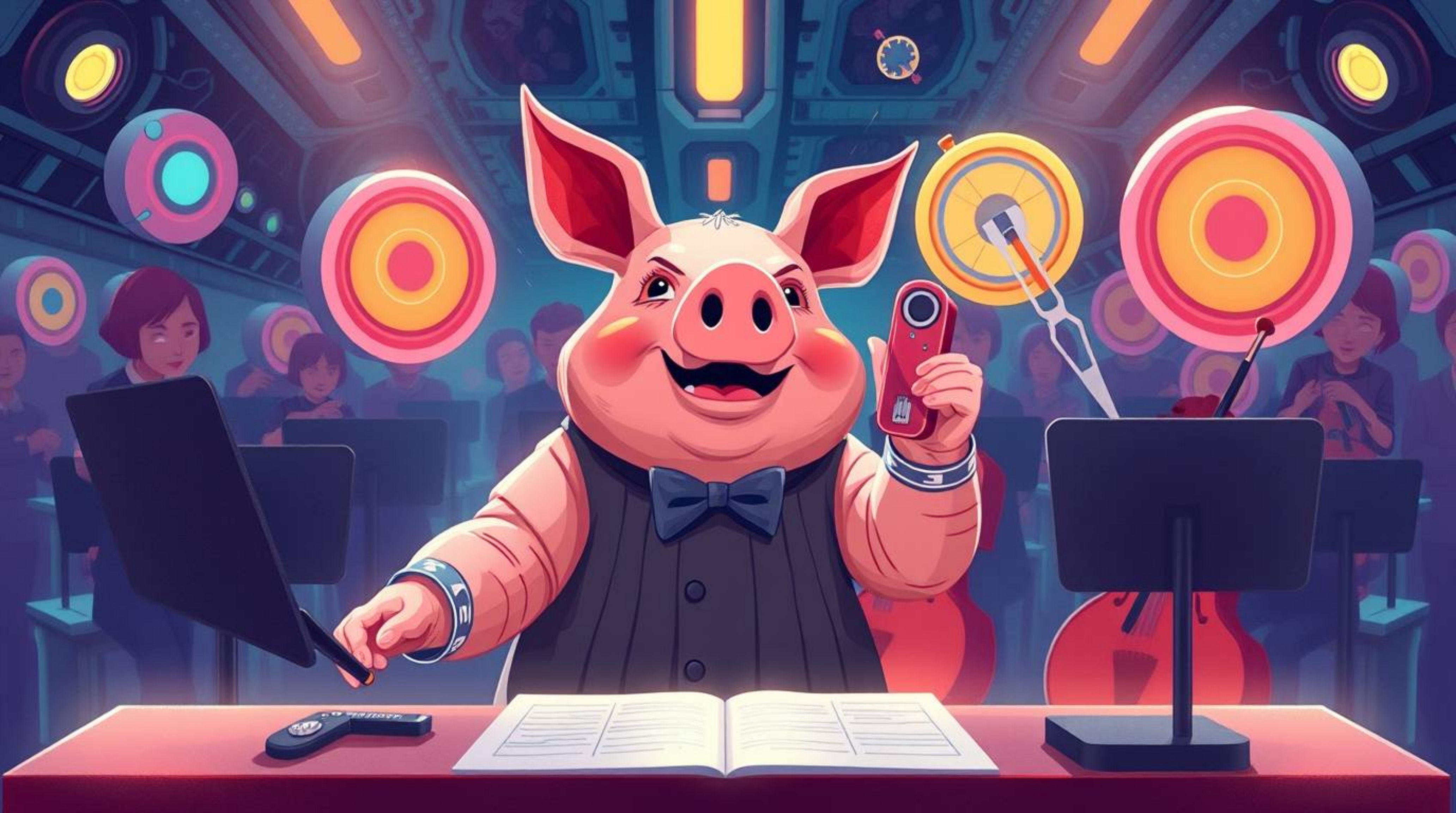 Immerse yourself in a futuristic sci-fi world with this captivating illustration of a pig character conducting an orchestra. 