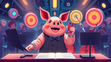 Immerse yourself in a futuristic sci-fi world with this captivating illustration of a pig character conducting an orchestra. 