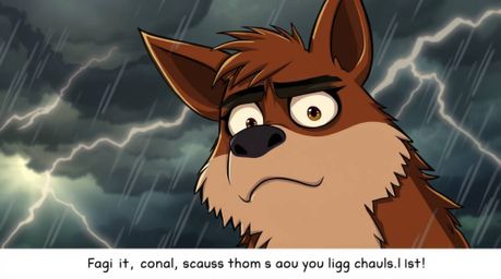 Experience a visually stunning scene of intense dramatic weather, featuring a sarcastic animal sidekick whose worried, expres