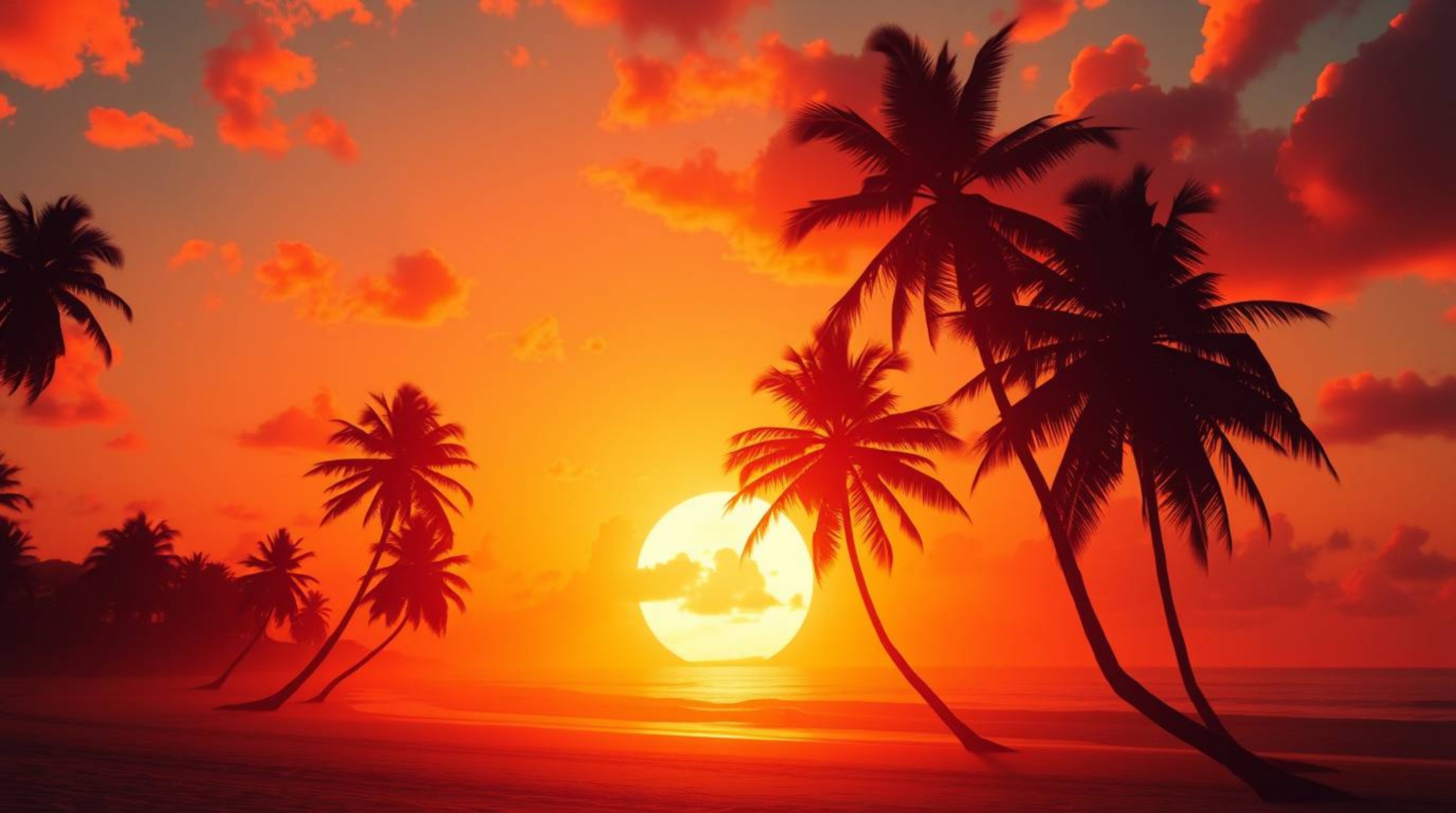 Experience a warm, dreamlike, and surreal tropical beach sunset. Silhouetted palm trees against a vibrant backdrop of reds, o