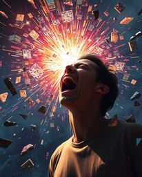 A captivating image depicting a person screaming as their world dramatically breaks apart into a vibrant pixelated landscape.