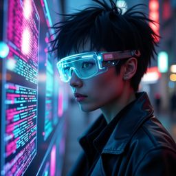A futuristic hacker is depicted with short, spiky black hair, piercing green eyes, and augmented reality glasses featuring sl