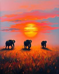This is a bold acrylic painting of elephants walking across a field at sunset, enveloped in thick foggy surroundings. The art