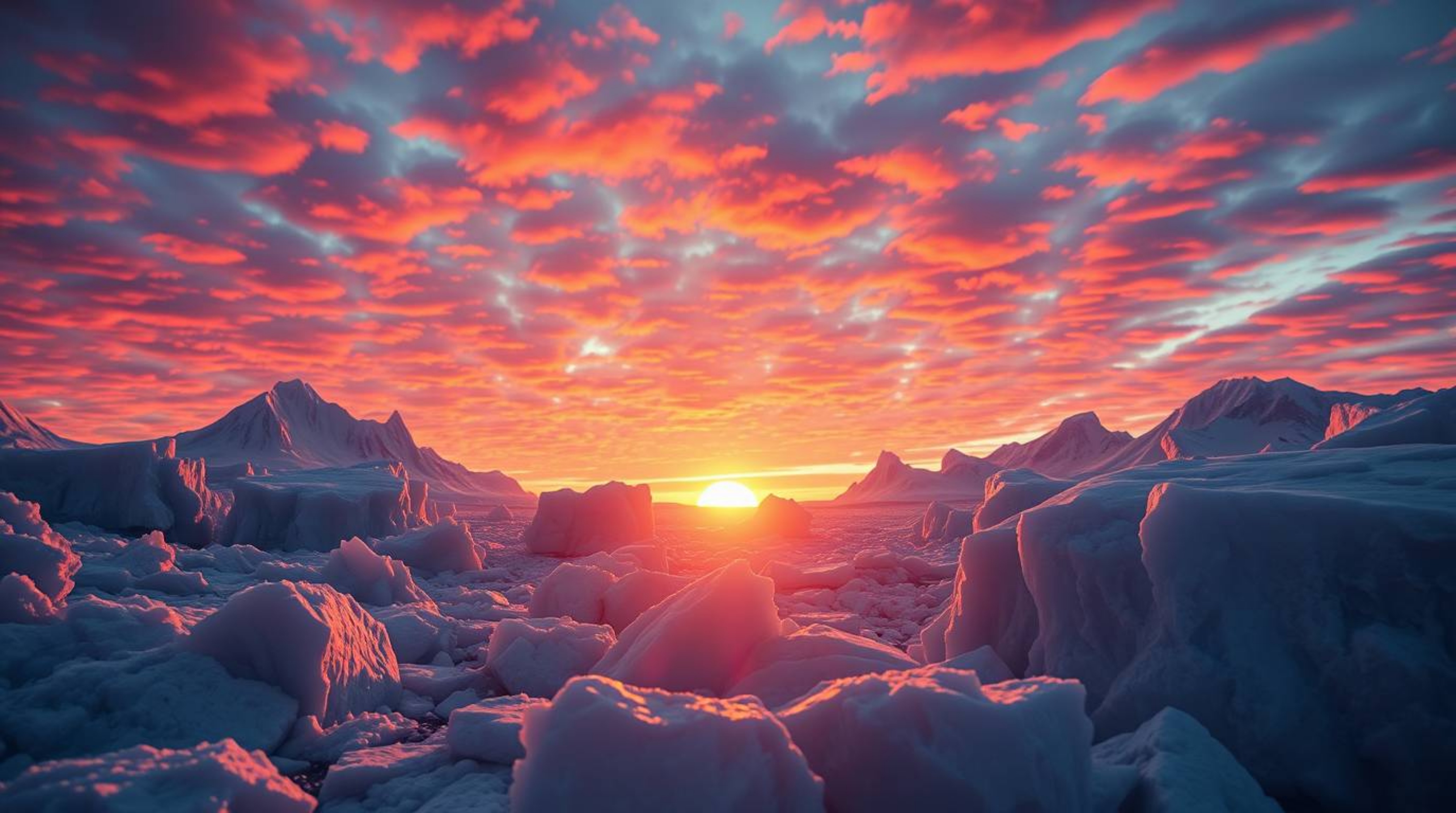 A breathtaking cinematic artwork depicts a vibrant sunset over icy polar glaciers.  The scene is rendered in vivid electric c