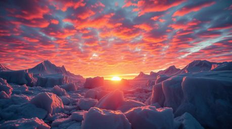 A breathtaking cinematic artwork depicts a vibrant sunset over icy polar glaciers.  The scene is rendered in vivid electric c