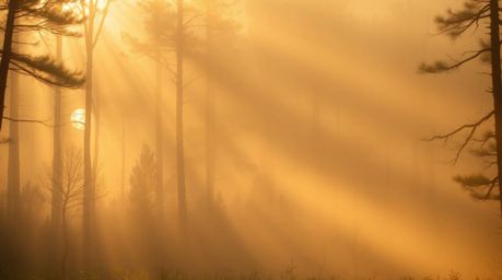 Experience the ethereal spiritual vibe emanating from mist rising from a forest at golden hour, bathed in warm, soft light ju