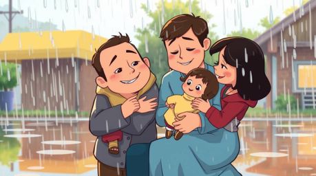 This artwork captures a heartwarming family reunion in a charming Pixar-style illustration.  The scene depicts a rainy day, w