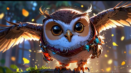 In a whimsical and utterly charming scene that blends the styles of Pixar and anime, a wise blind owl is ready for its role a