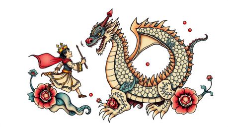 This captivating tattoo art print depicts a charming prince bravely battling a dragon in a vibrant 1950s animation style.  Th