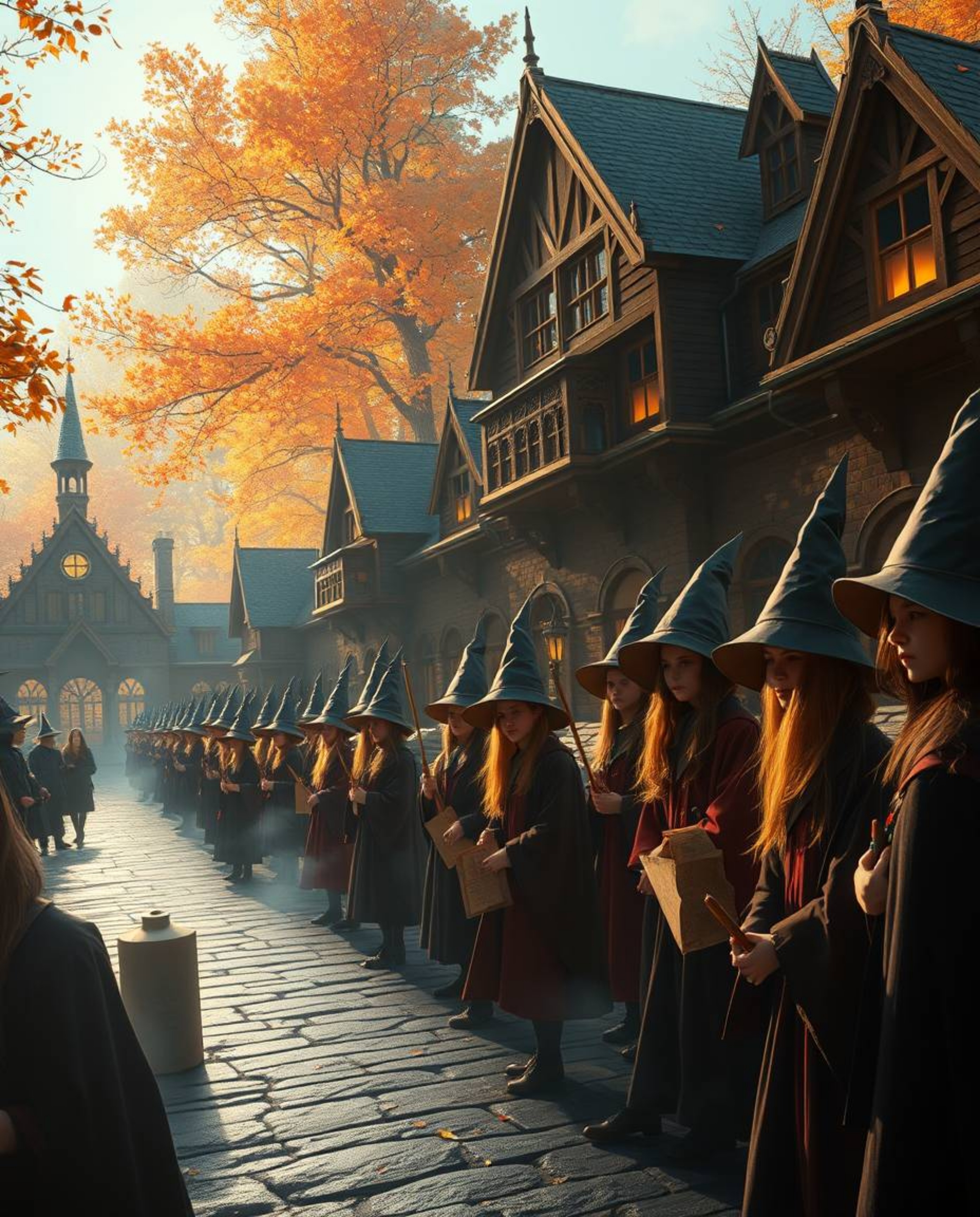Immerse yourself in an epic scene of a magical school teeming with young wizards, beautifully rendered in warm autumn colors.