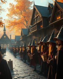 Immerse yourself in an epic scene of a magical school teeming with young wizards, beautifully rendered in warm autumn colors.