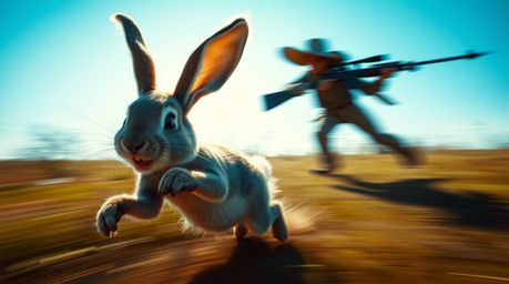 Experience the thrill of the chase in this dynamic image featuring a wacky rabbit outsmarting a hunter.  Utilizing strong, ha