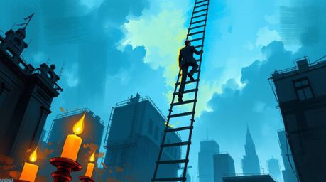 An abstract digital painting depicts a businessman ascending a transparent ladder vanishing into a vibrant blue sky above tow