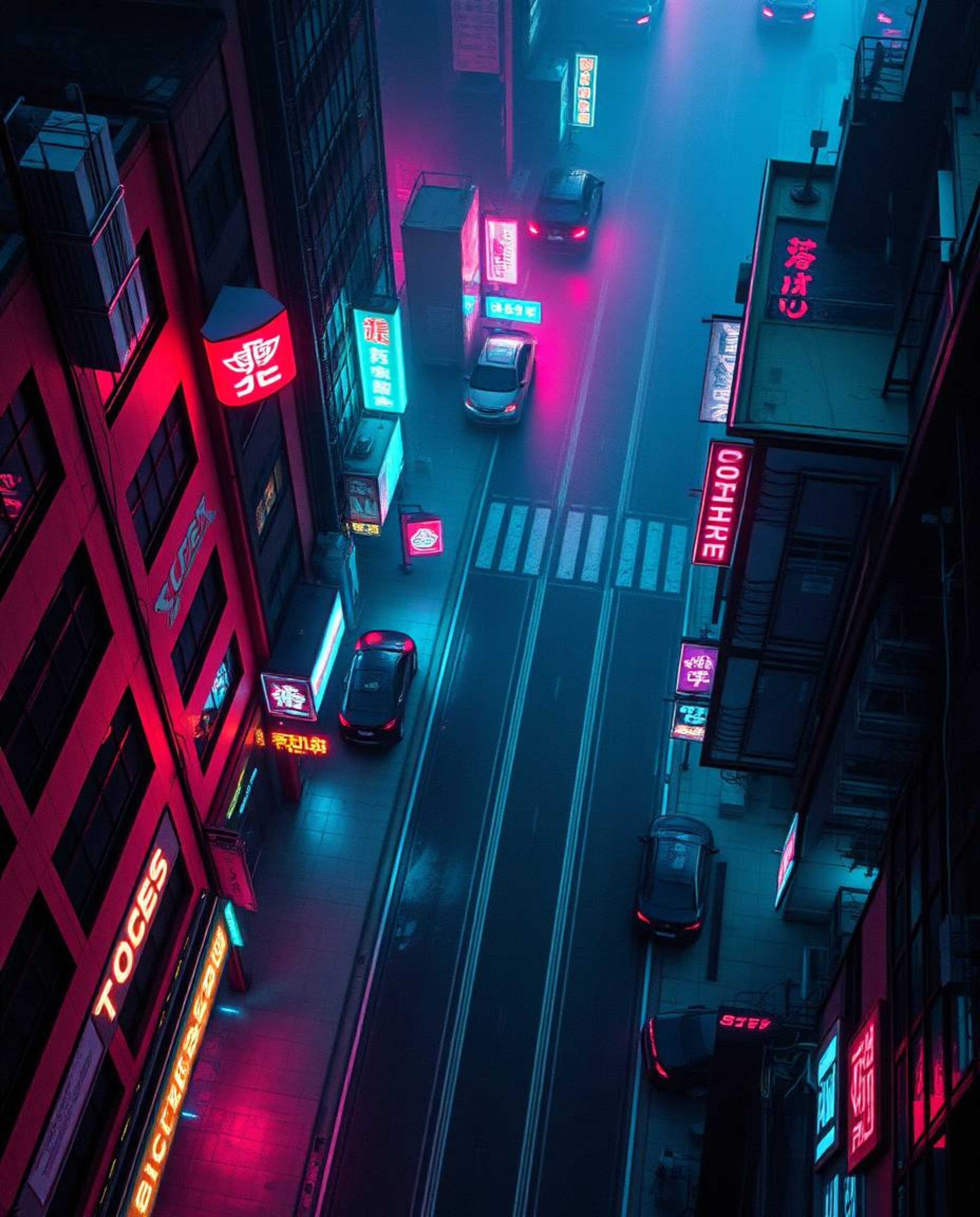 Explore a pixelated and glitched cyberpunk streetscape bathed in neon haze from an overhead bird's eye view. This top-down pe