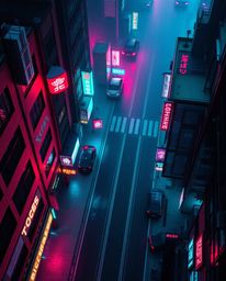 Explore a pixelated and glitched cyberpunk streetscape bathed in neon haze from an overhead bird's eye view. This top-down pe