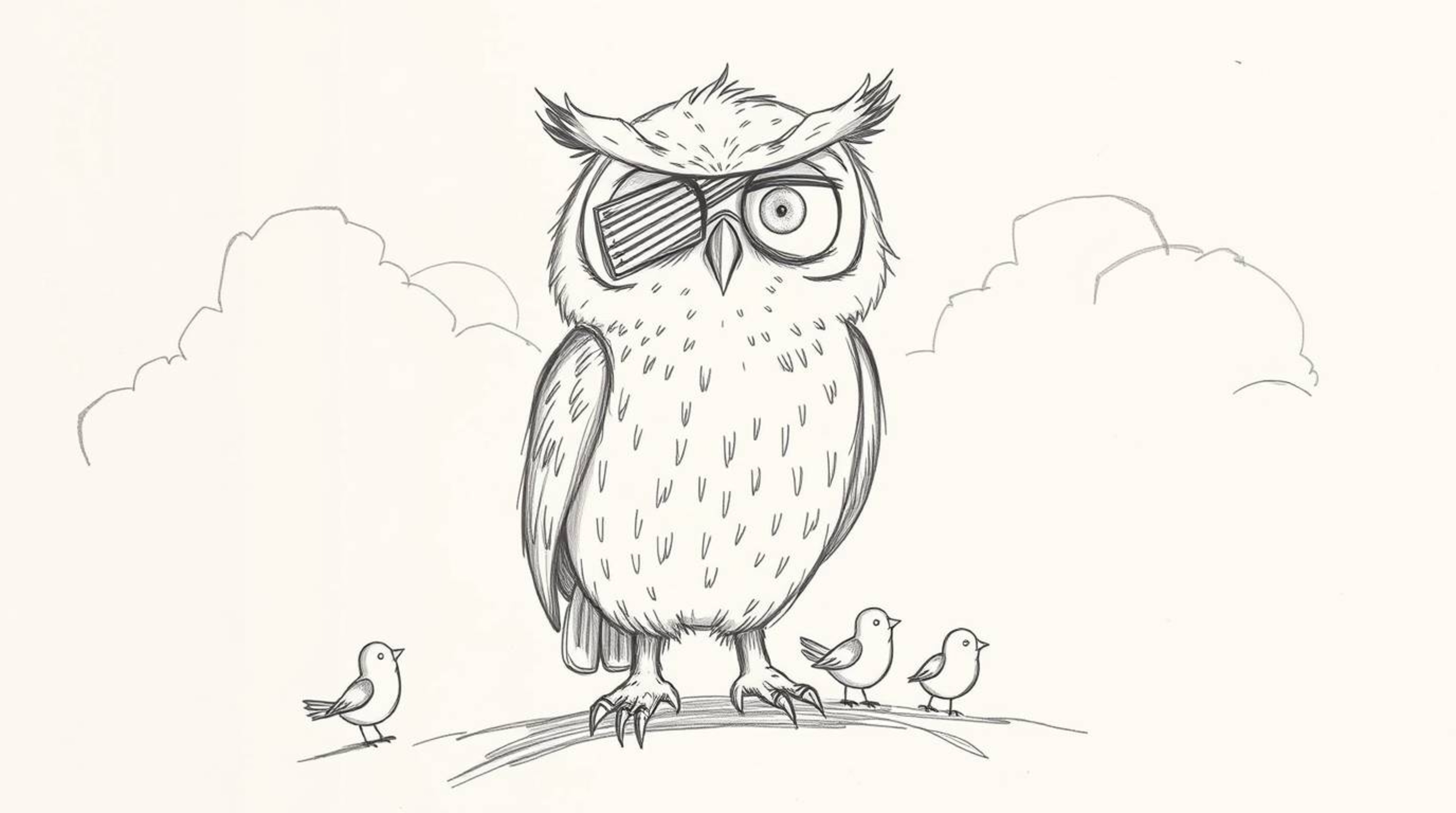 A captivating hand-drawn sketch depicting a wise, blind owl in the style of Pixar, characterized by large, expressive eyes an