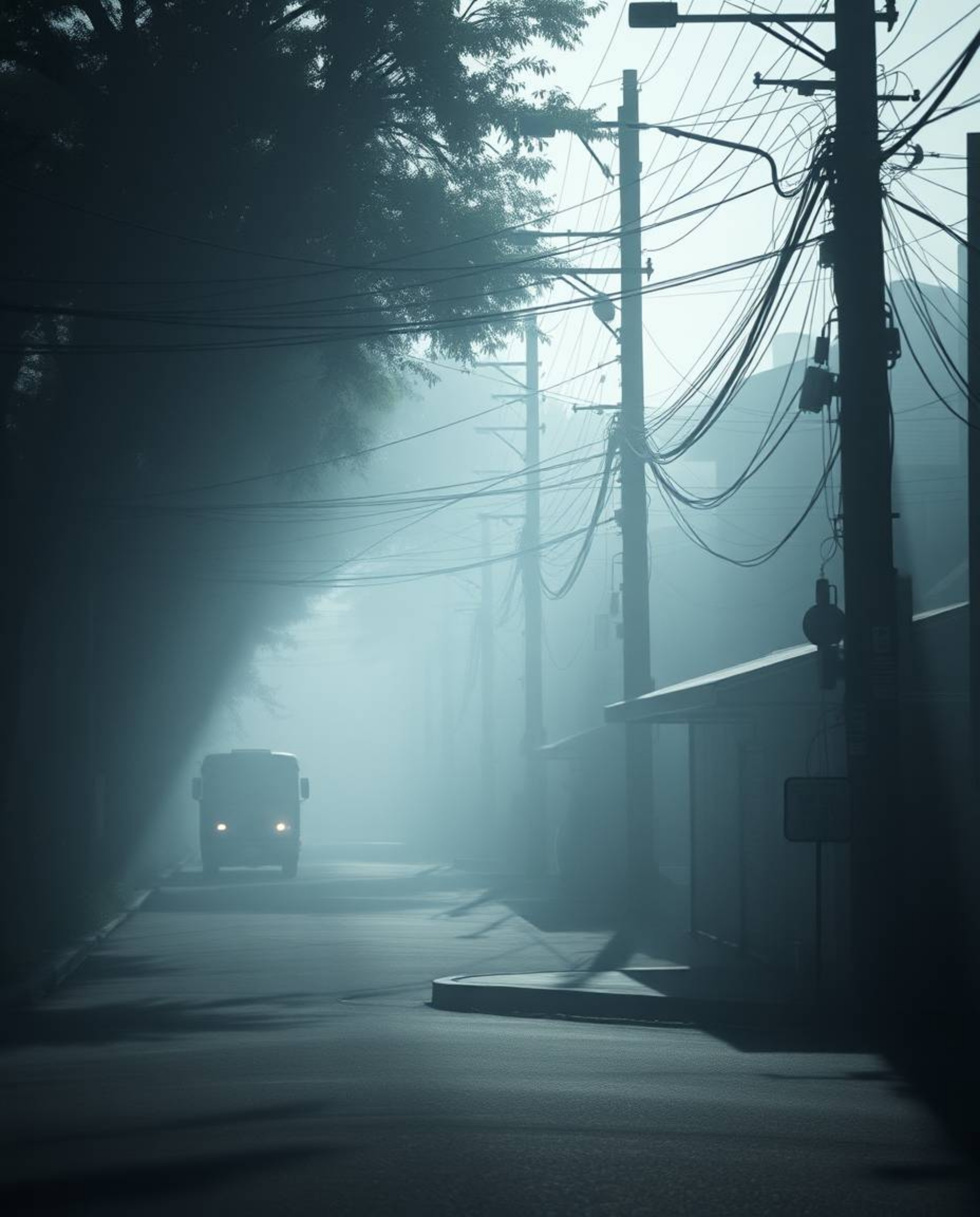 This collection captures a surreal street scene bathed in a soft cinematic haze and striking jet black colors, creating a dre