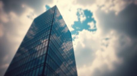 A modern glass building dissolving into the sky, blending seamlessly with soft clouds, evokes a sense of ambition and infinit