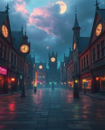A dreamlike and surreal image captures an empty town square, eerily quiet but vibrant with bioluminescent colors. Ticking clo
