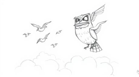 A heartwarming hand-drawn pencil sketch in the style of Pixar depicts a proud, blind owl guiding a flock of birds as they lea
