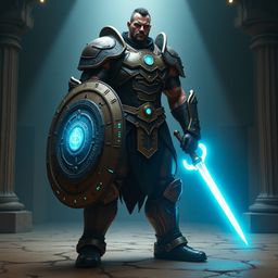 A powerful, imposing futuristic gladiator stands ready for battle in a dimly lit arena. Clad in a detailed metallic exosuit w