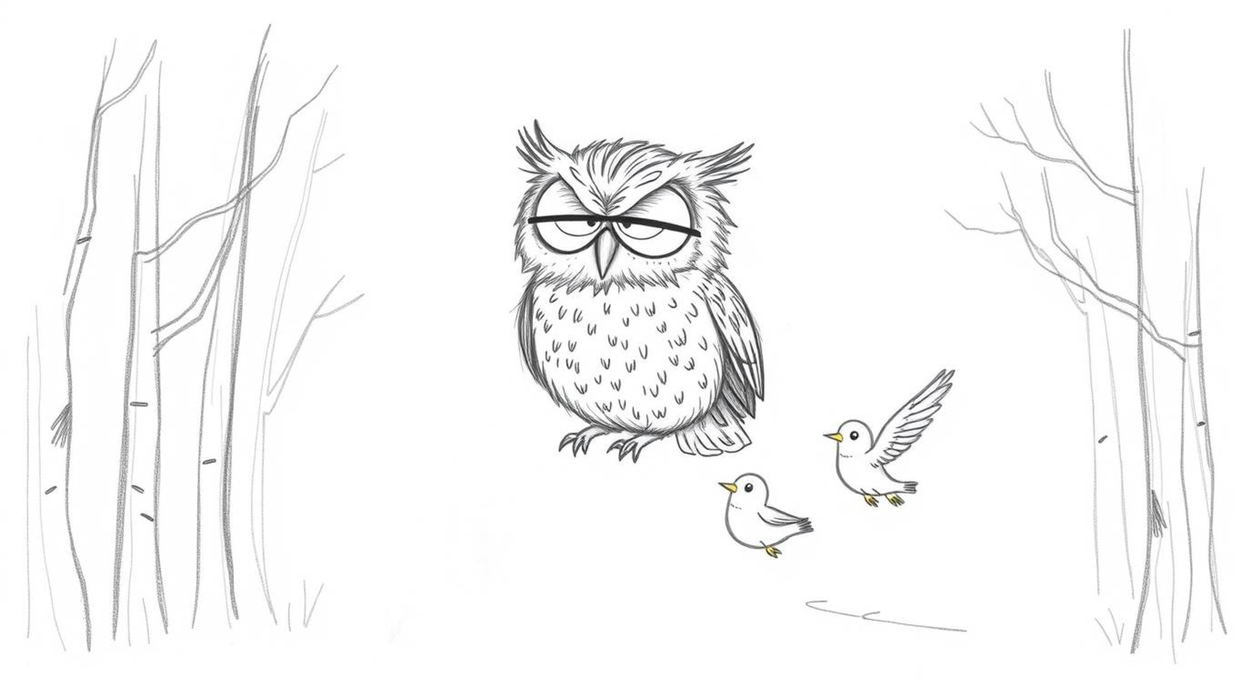 A heartwarming hand-drawn sketch depicts a blind, fluffy owl patiently instructing a flock of small birds on how to fly.  Set
