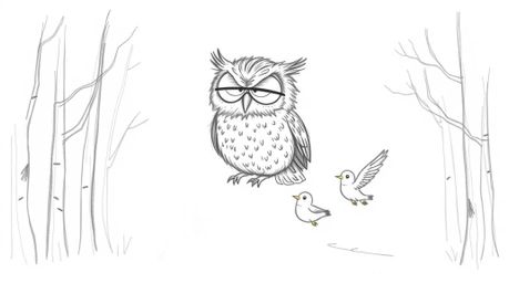 A heartwarming hand-drawn sketch depicts a blind, fluffy owl patiently instructing a flock of small birds on how to fly.  Set